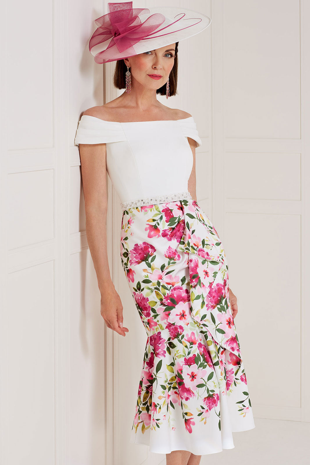 Pink & White Floral Print off the Shoulder Dress with Beaded Belt