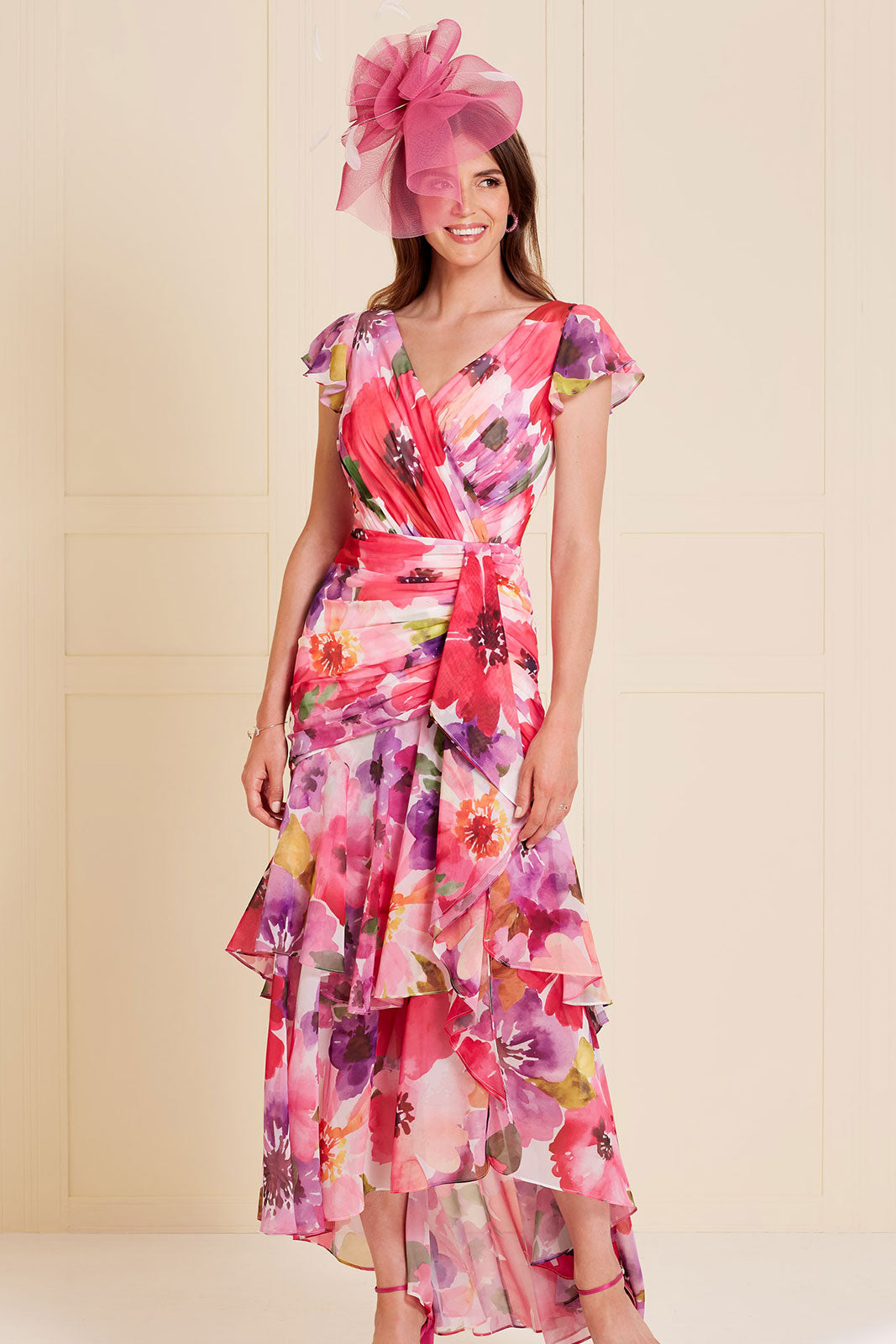 Chiffon Floral Print Dress with Frill Sleeve and Front Slit