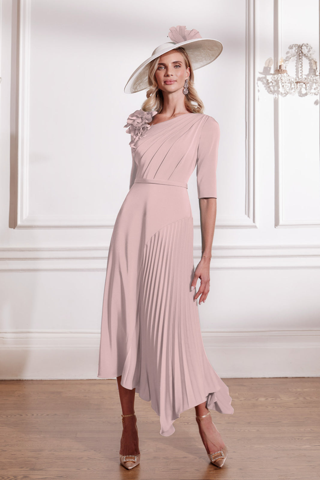 Rose Crepe Dress with 3/4 Sleeves and a Draped Bodice