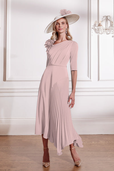 Rose Crepe Dress with 3/4 Sleeves and a Draped Bodice