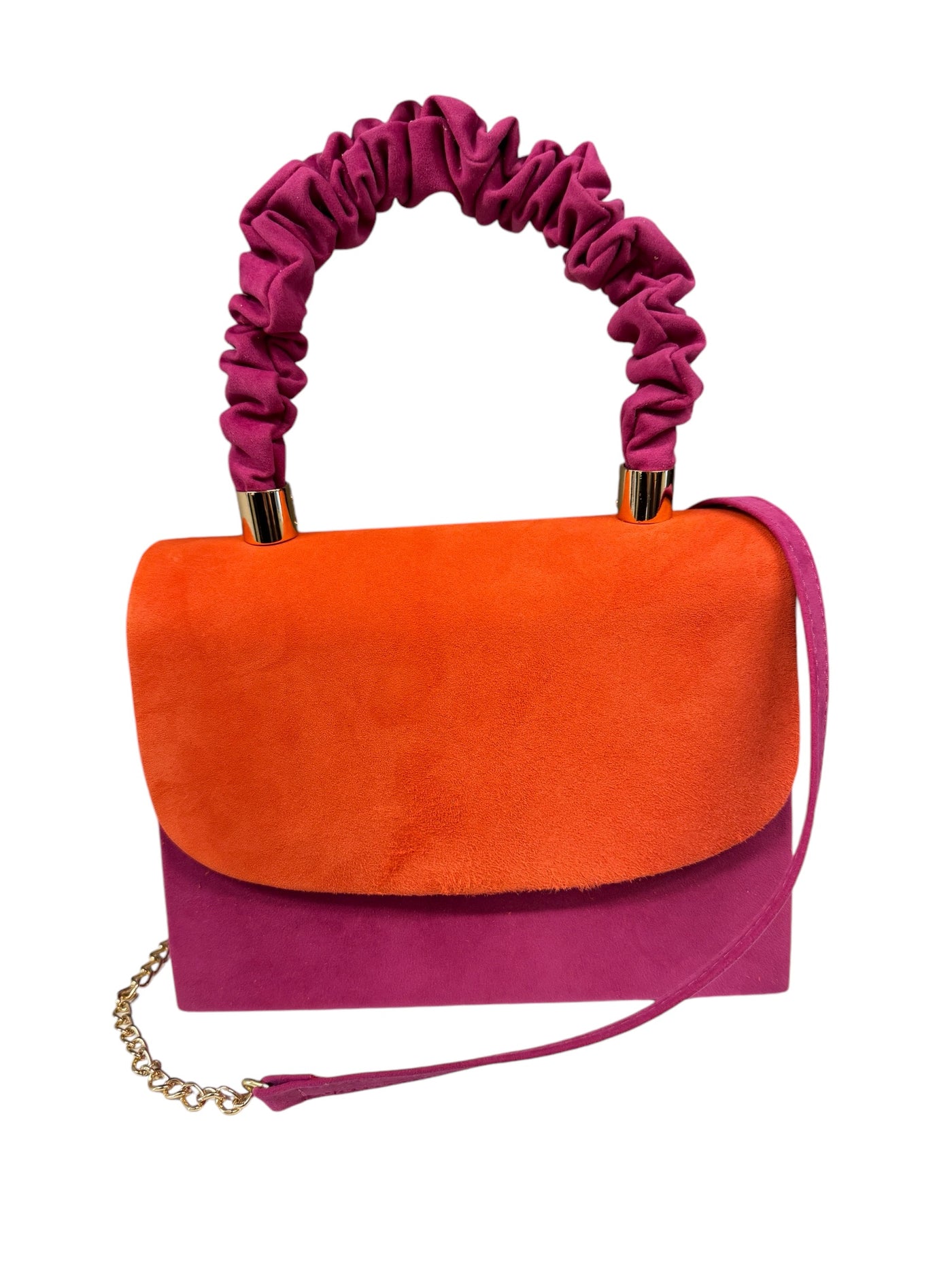 Suede Handbag with Ruched Handle & Gold Strap – Various Colours