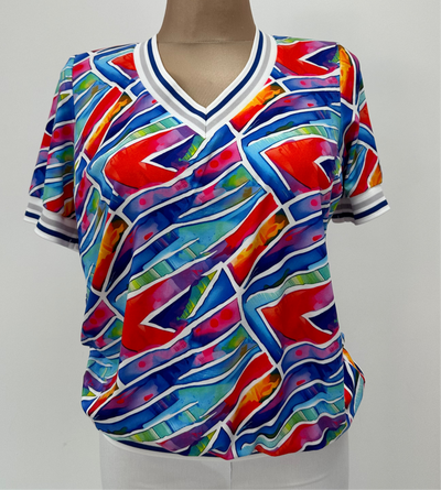 Mosaic Effect T-Shirt with V-Neck and Elasticated Sleeve