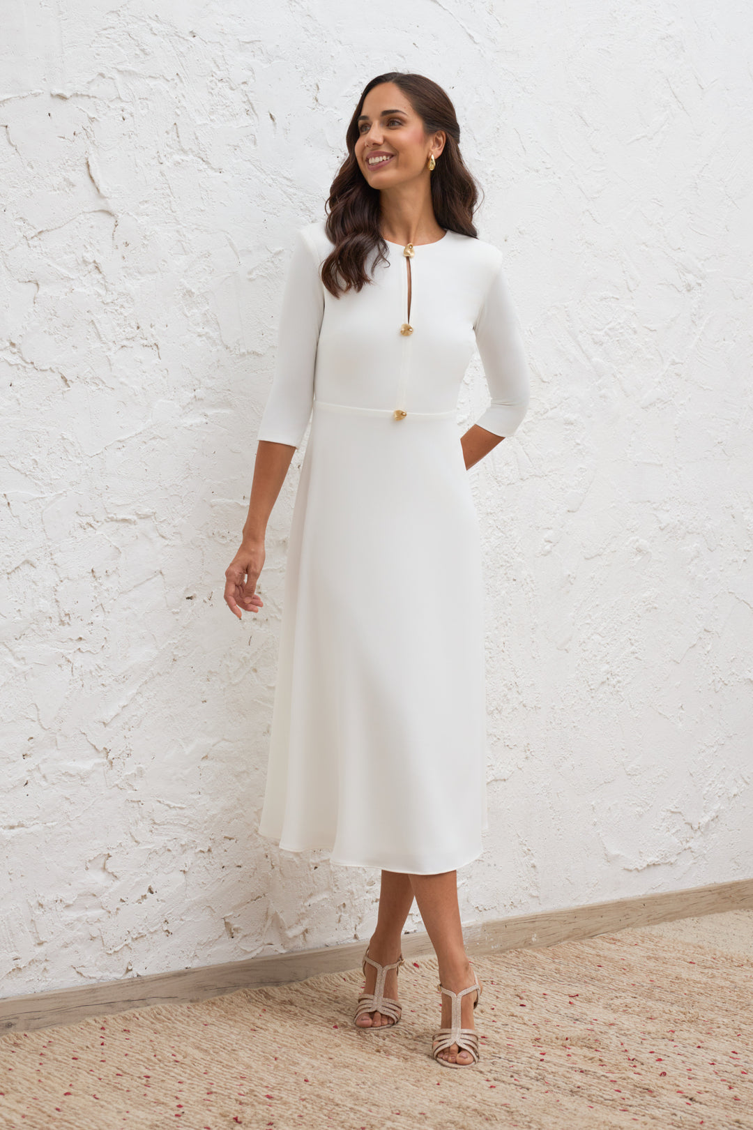 White Dress with Gold Button Detail  La Creme Boutique
