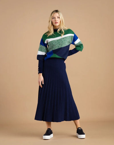 Blue, White and Green Block Colour Jumper with 3/4 Sleeves