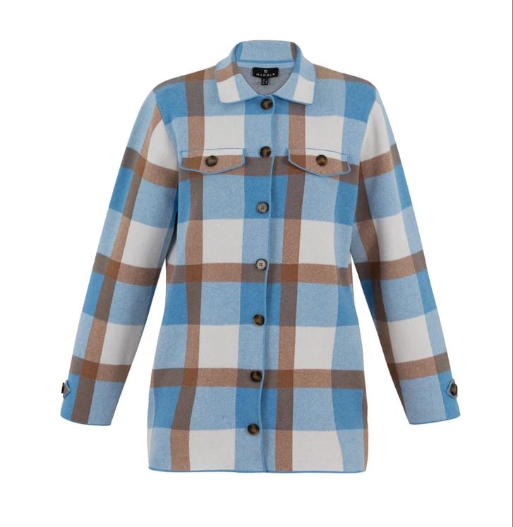 Blue & Light Brown Checked Cardigan with Front Buttons and Pockets