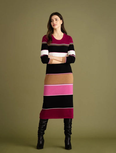 Pink, Black and Brown Striped Knit Dress with Detachable Neck Warmer