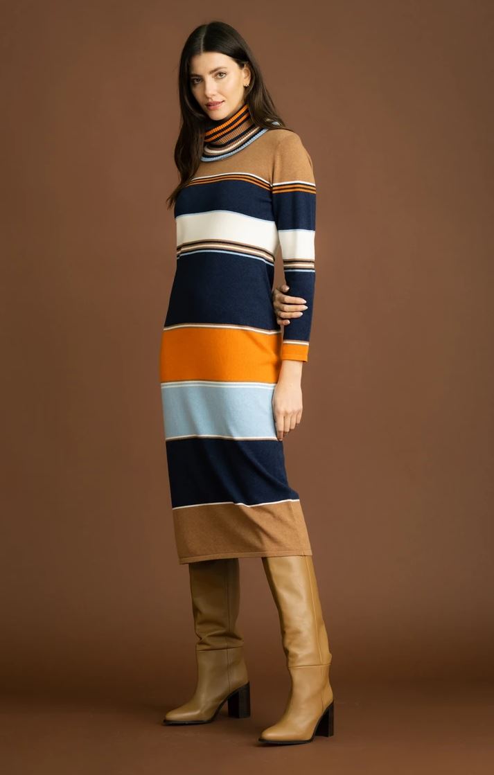 Orange, Blue & Brown Striped Knit Dress with Detachable Neck Warmer