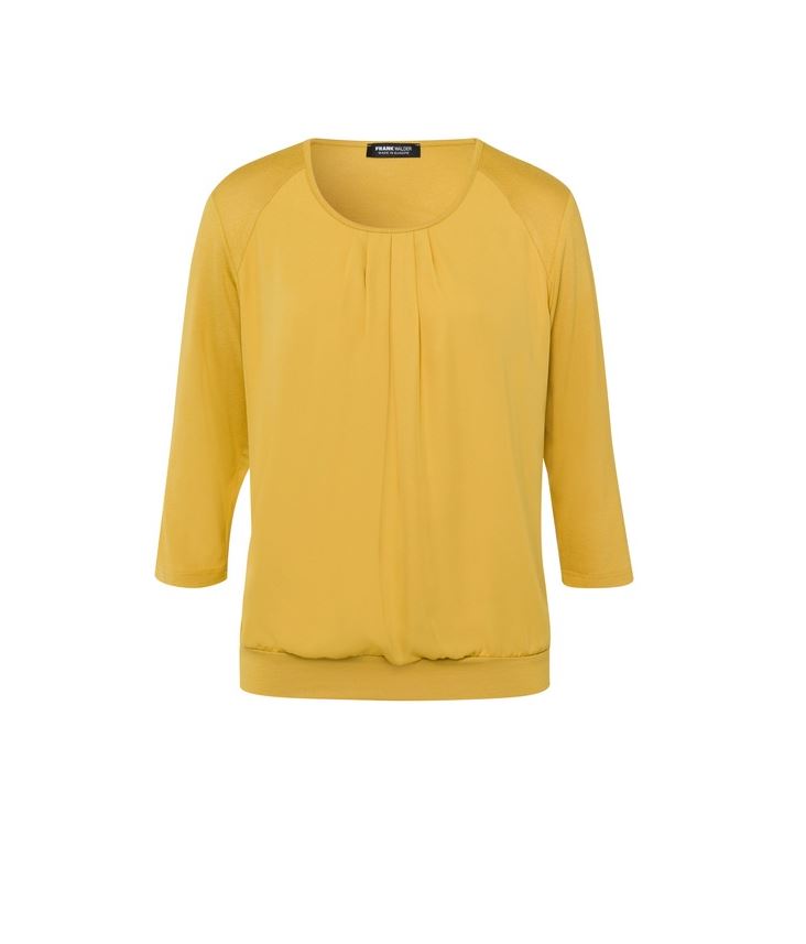 Mustard Round Neck Top with 3/4 Sleeves Pleat Detail