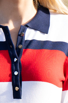 Red/White/Navy Stripe Top With Collar & Buttons