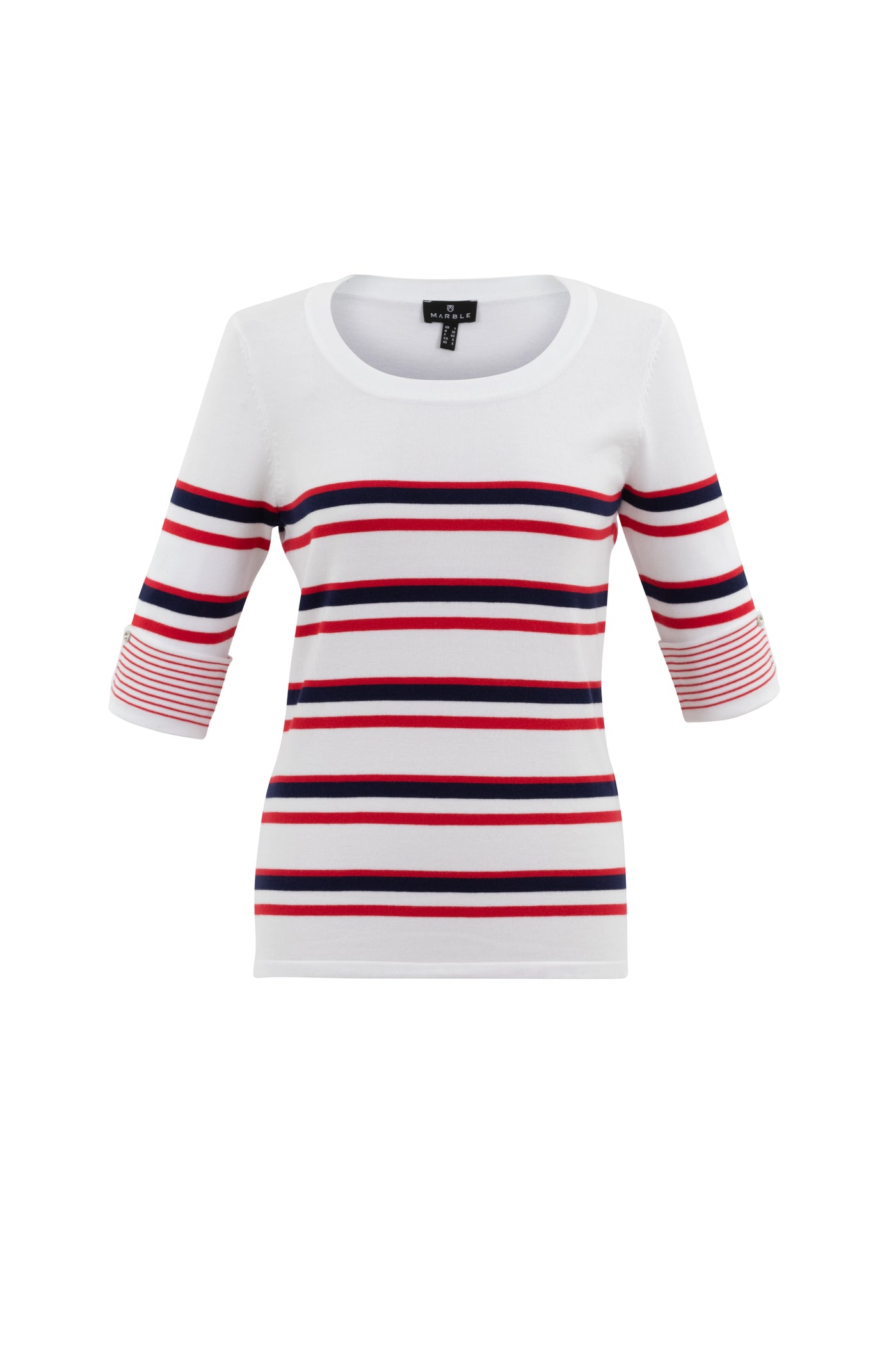 White Top With Navy/Red Stripes & Turn Up Sleeve