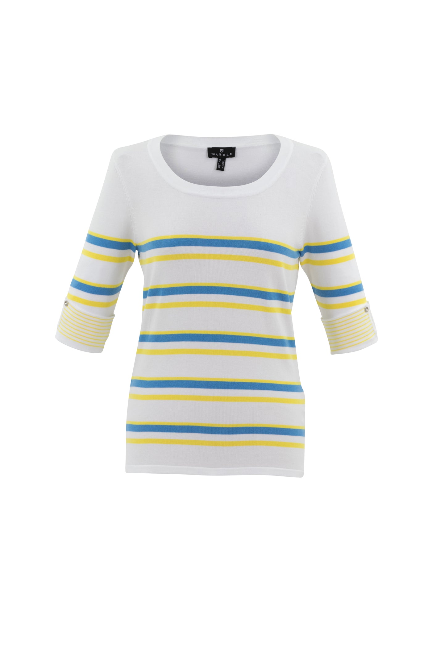 White Top With Yellow and Blue Stripes &  Turn Up Sleeve