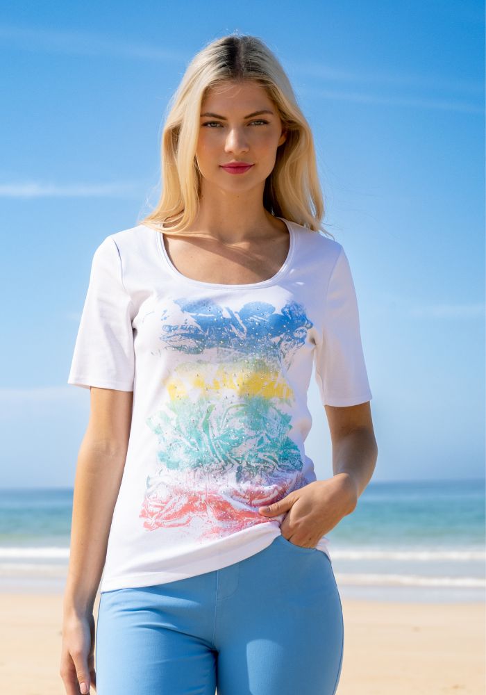 White T-Shirt With Colourful Print & Diamontes