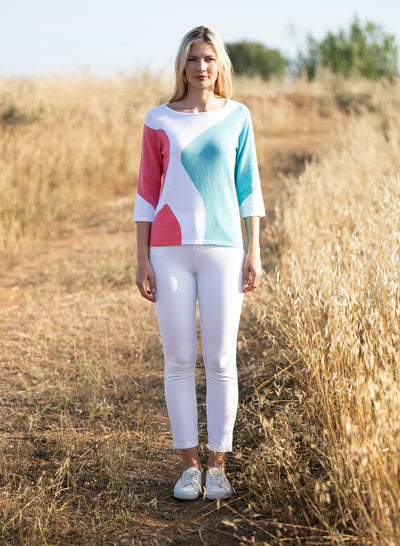 Coral/Navy/Teal Block Colour Round Neck Jumper