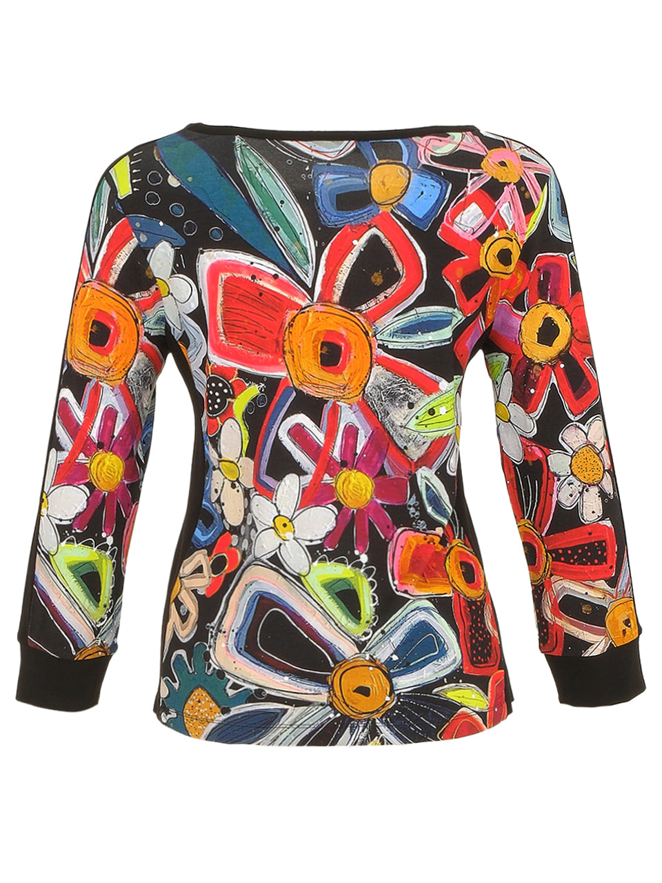 Daisy Print Round-Neck Long Sleeve Top With Diamonte & Black Panelling