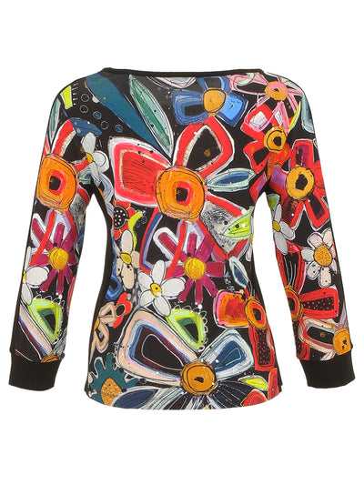 Daisy Print Round-Neck Long Sleeve Top With Diamonte & Black Panelling