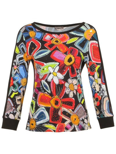 Daisy Print Round-Neck Long Sleeve Top With Diamonte & Black Panelling