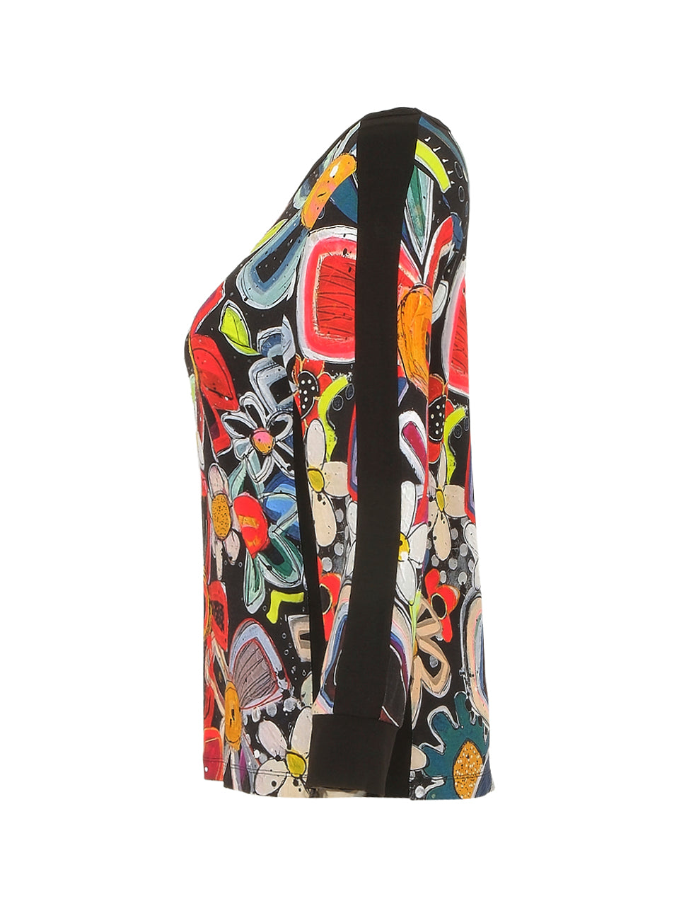 Daisy Print Round-Neck Long Sleeve Top With Diamonte & Black Panelling