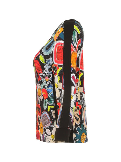 Daisy Print Round-Neck Long Sleeve Top With Diamonte & Black Panelling