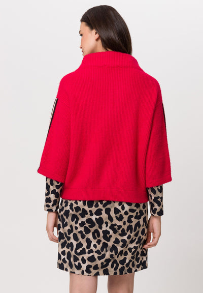 Red Knit Jacket with Black & Beige Stripe Detail on 3/4 Length Sleeves