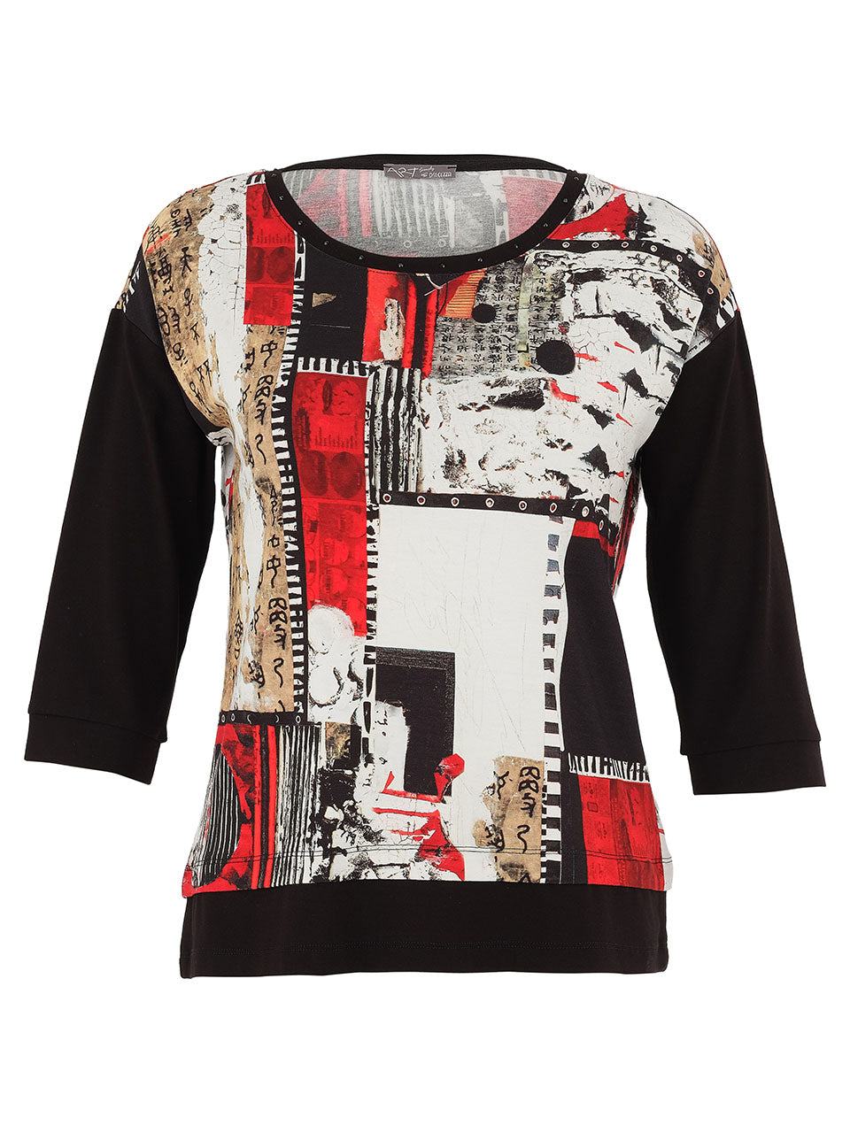 Red and Black Artistic Print Round Neck Top