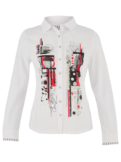 White Shirt With Red and Black Artistic Print