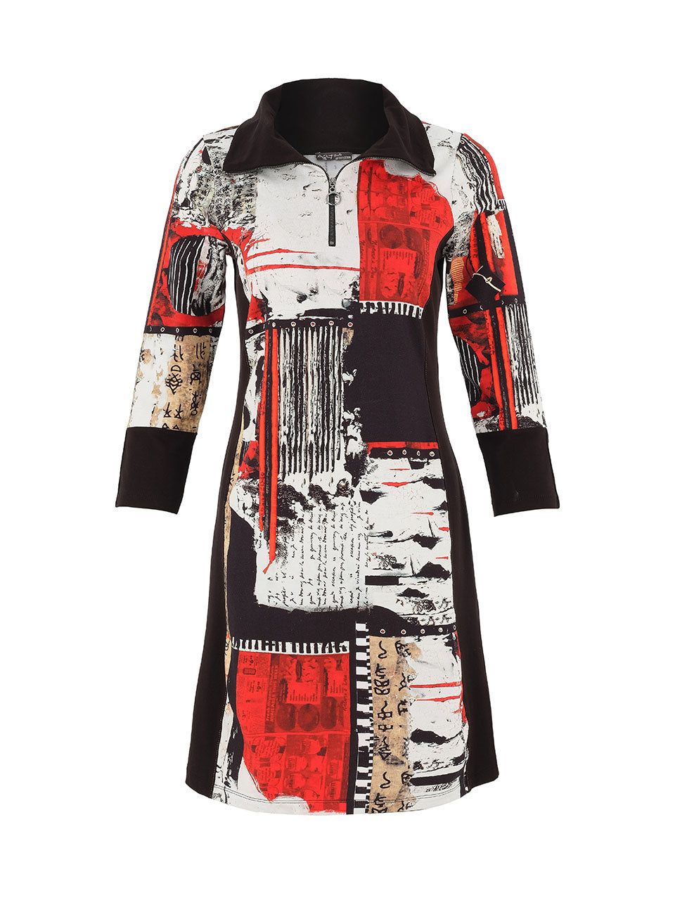Red and Black Artistic Print Dress with Zip Detail