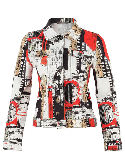 Red and Black Artistic Print Button Up Jacket
