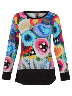 Kaleidoscope Round Neck Top with Black Cuffs and Hem Detail