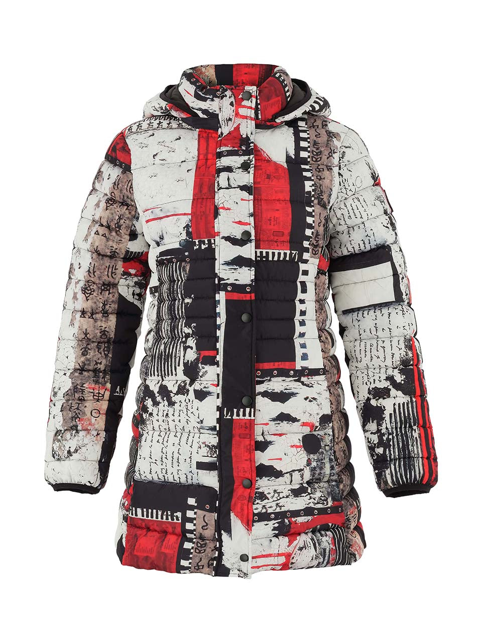 Red and Black Artistic Print Puffer Coat with Hood