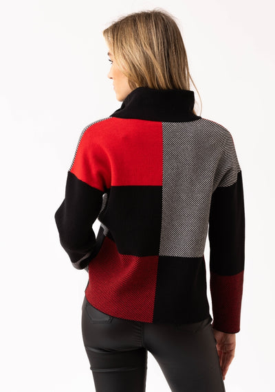 Relaxed-Fit Red& Black Striped Geometric Print Turtleneck Jumper