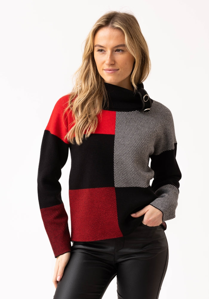 Relaxed-Fit Red& Black Striped Geometric Print Turtleneck Jumper