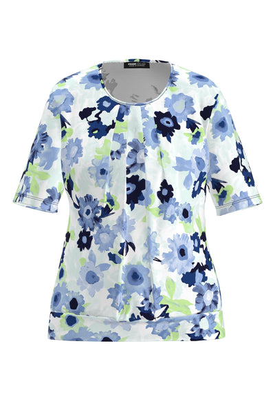 Pale Green, Blue & White Round Neck Top with Pleated Front