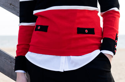 Red, Black and White Stripped Jumper With Pocket Detail