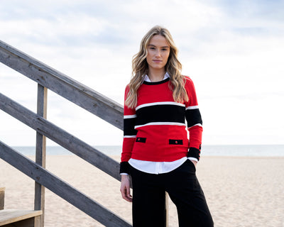 Red, Black and White Stripped Jumper With Pocket Detail
