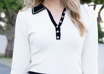 Long Sleeved Black and White Jumper with Button Detail and Collar