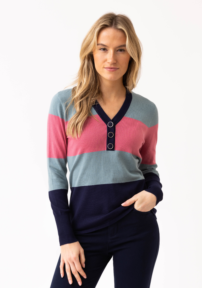Teal, Navy and Rose StrippedJumper with Button Detail