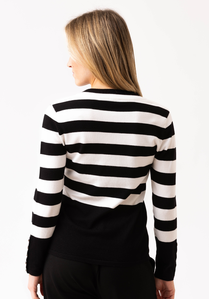 Navy and White Stripped Jumper with Button Sleeve Detail