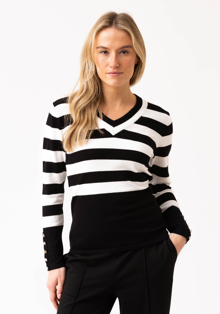 Navy and White Stripped Jumper with Button Sleeve Detail