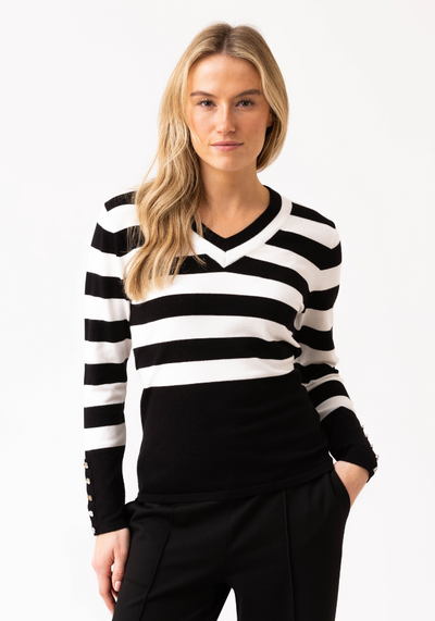 Navy and White Stripped Jumper with Button Sleeve Detail