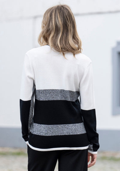 Cream, Black & Grey Striped V-Neck Jumper