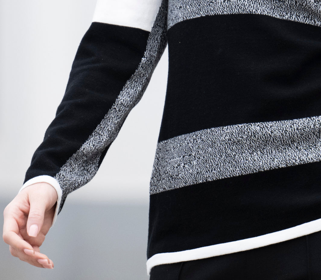 Cream, Black & Grey Striped V-Neck Jumper