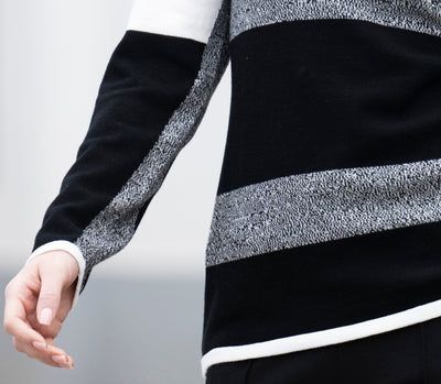 Cream, Black & Grey Striped V-Neck Jumper