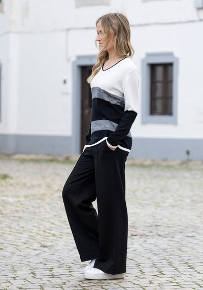 Cream, Black & Grey Striped V-Neck Jumper