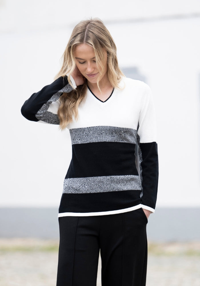 Cream, Black & Grey Striped V-Neck Jumper