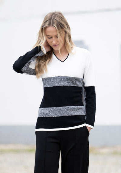 Cream, Black & Grey Striped V-Neck Jumper
