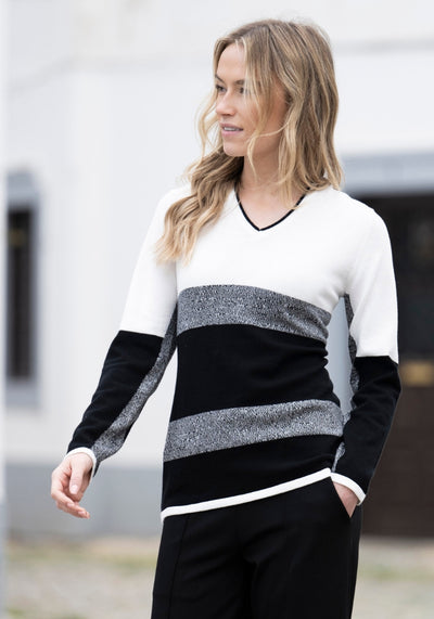Cream, Black & Grey Striped V-Neck Jumper