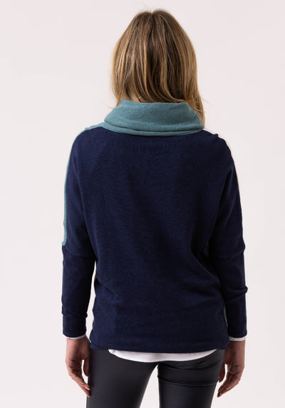 Geometric print White Navy Blue, Teal, Brown Turtleneck Jumper