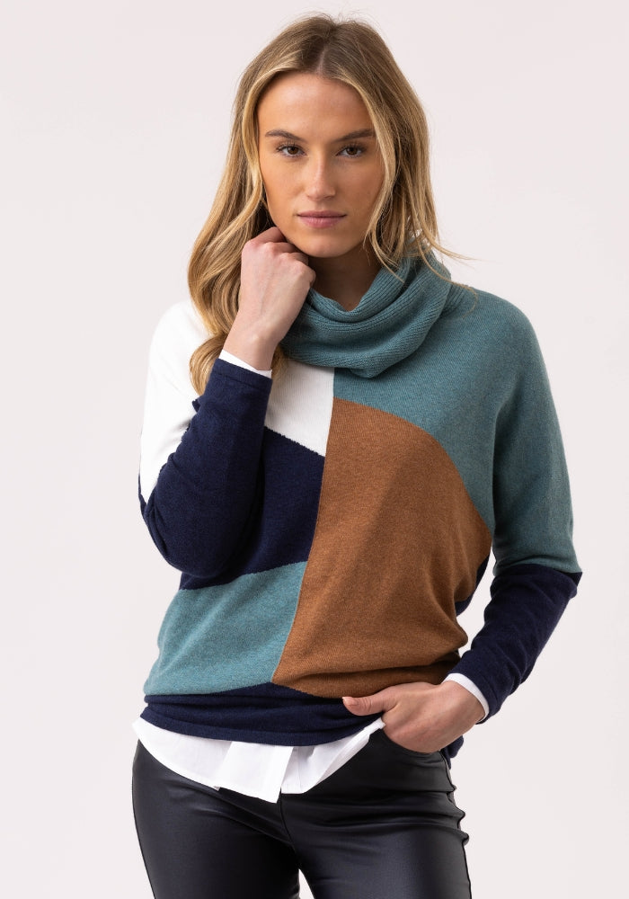 Geometric print White Navy Blue, Teal, Brown Turtleneck Jumper