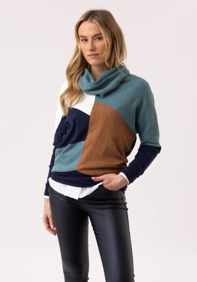 Geometric print White Navy Blue, Teal, Brown Turtleneck Jumper