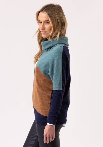 Geometric print White Navy Blue, Teal, Brown Turtleneck Jumper